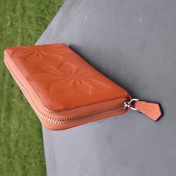 Bostanten Orange Leather Floral Embossed Wallet Wristlet - Picture 2 of 13